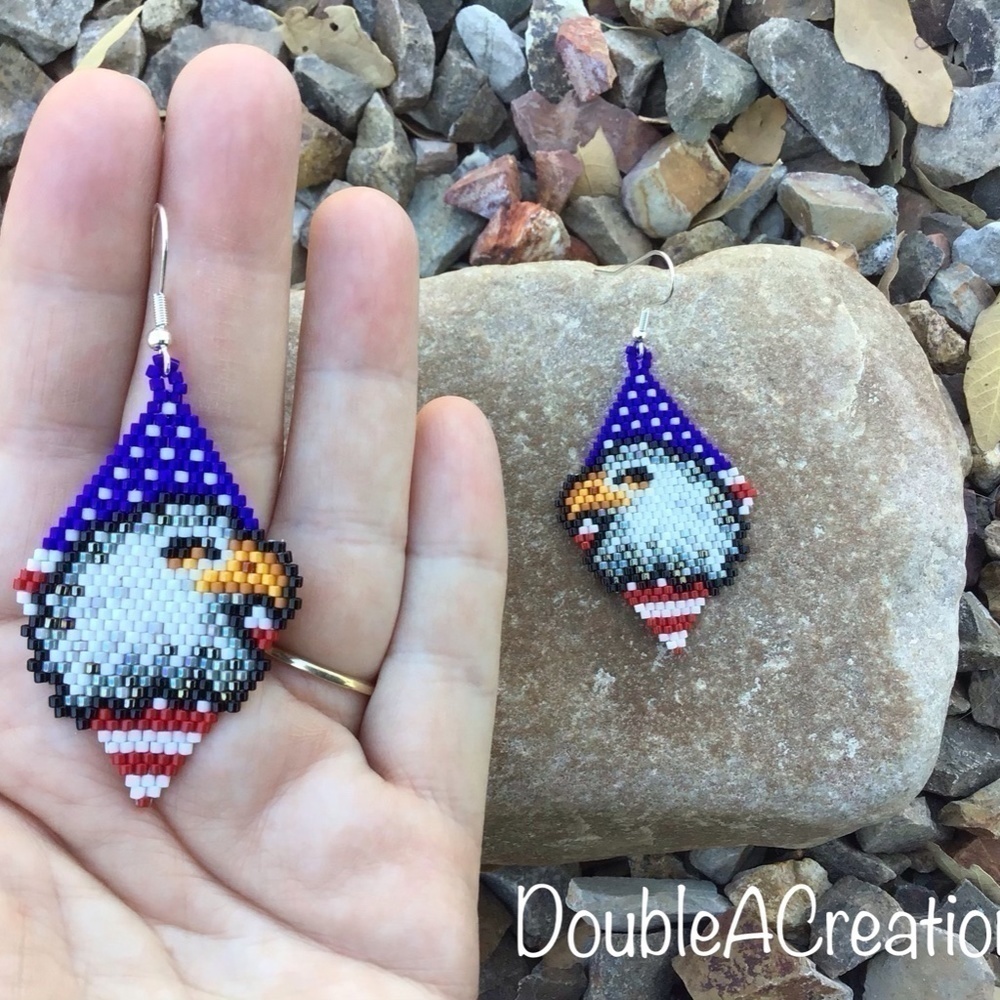 Patriotic Eagle Beaded Earrings, New, Handmade By Me - Picture 4 of 6